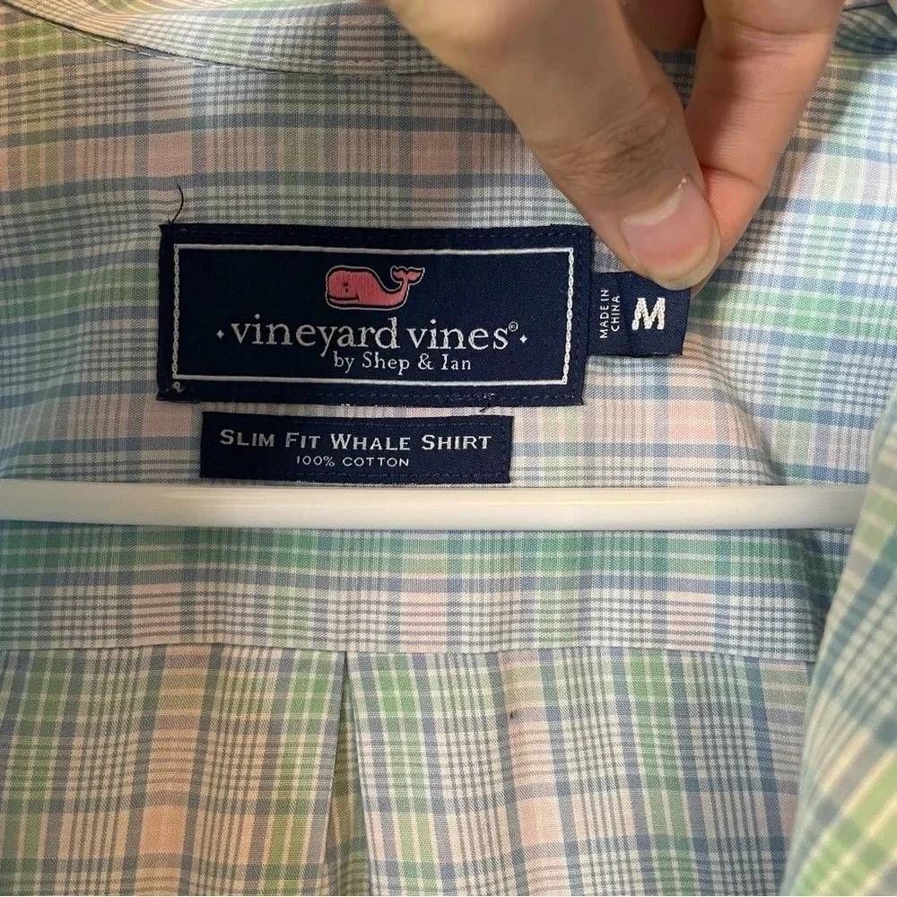 Vineyard Vines Men's Slim Fit Whale Shirt Blue/Green Check Long Sleeve medium - Picture 4 of 7